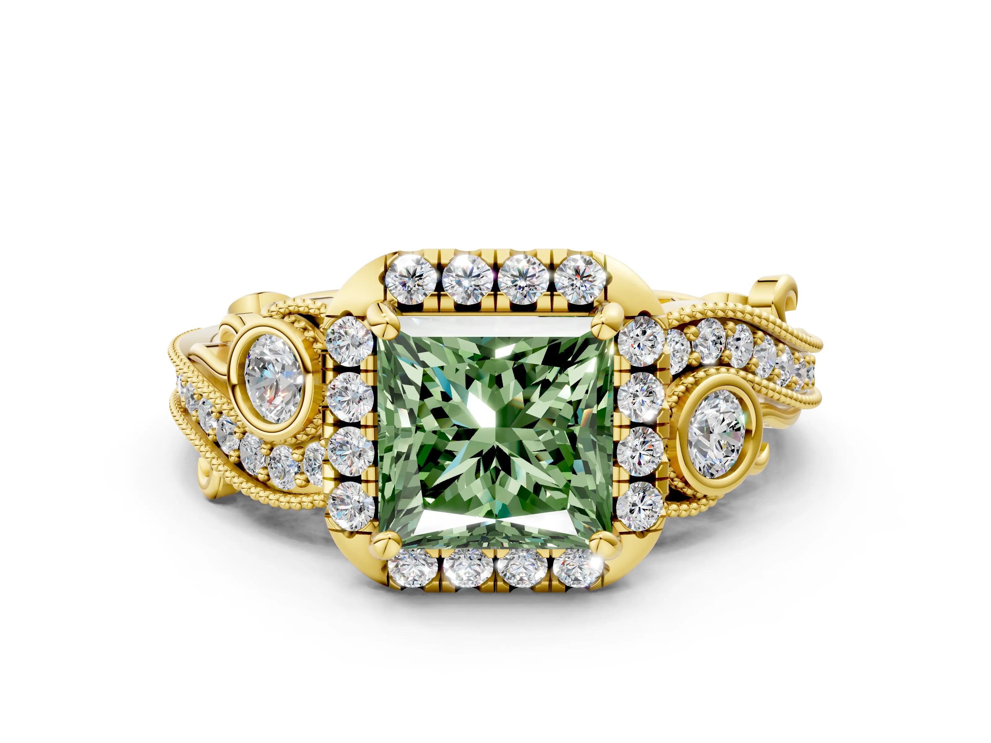 Yellow gold Fancy Green Princess Cut Halo Diamond Ring with Milgrain and Bezel Accents on a Split Shank Band