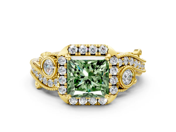 Yellow gold Fancy Green Princess Cut Halo Diamond Ring with Milgrain and Bezel Accents on a Split Shank Band