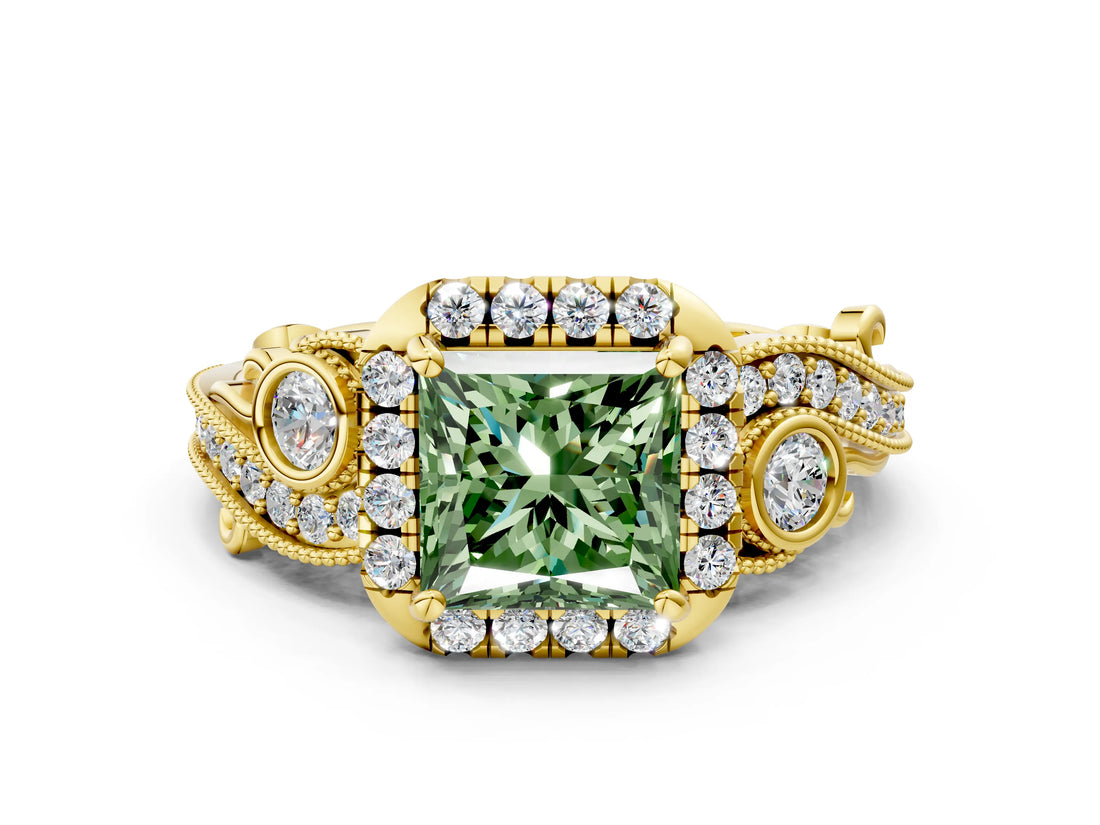 Yellow gold Fancy Green Princess Cut Halo Diamond Ring with Milgrain and Bezel Accents on a Split Shank Band_12