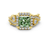 Yellow gold Fancy Green Princess Cut Halo Diamond Ring with Milgrain and Bezel Accents on a Split Shank Band_12