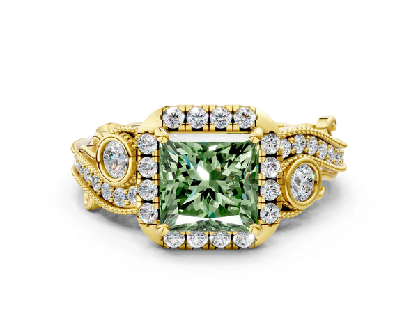 Yellow gold Fancy Green Princess Cut Halo Diamond Ring with Milgrain and Bezel Accents on a Split Shank Band