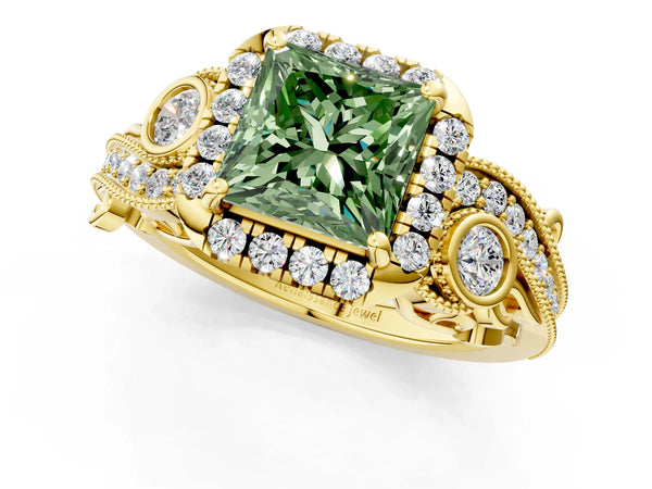 Yellow gold Fancy Green Princess Cut Halo Diamond Ring with Milgrain and Bezel Accents on a Split Shank Band