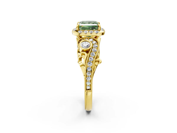 Yellow gold Fancy Green Princess Cut Halo Diamond Ring with Milgrain and Bezel Accents on a Split Shank Band