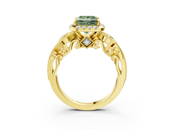 Yellow gold Fancy Green Princess Cut Halo Diamond Ring with Milgrain and Bezel Accents on a Split Shank Band