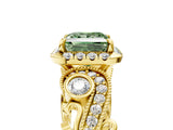 Yellow gold Fancy Green Princess Cut Halo Diamond Ring with Milgrain and Bezel Accents on a Split Shank Band_17