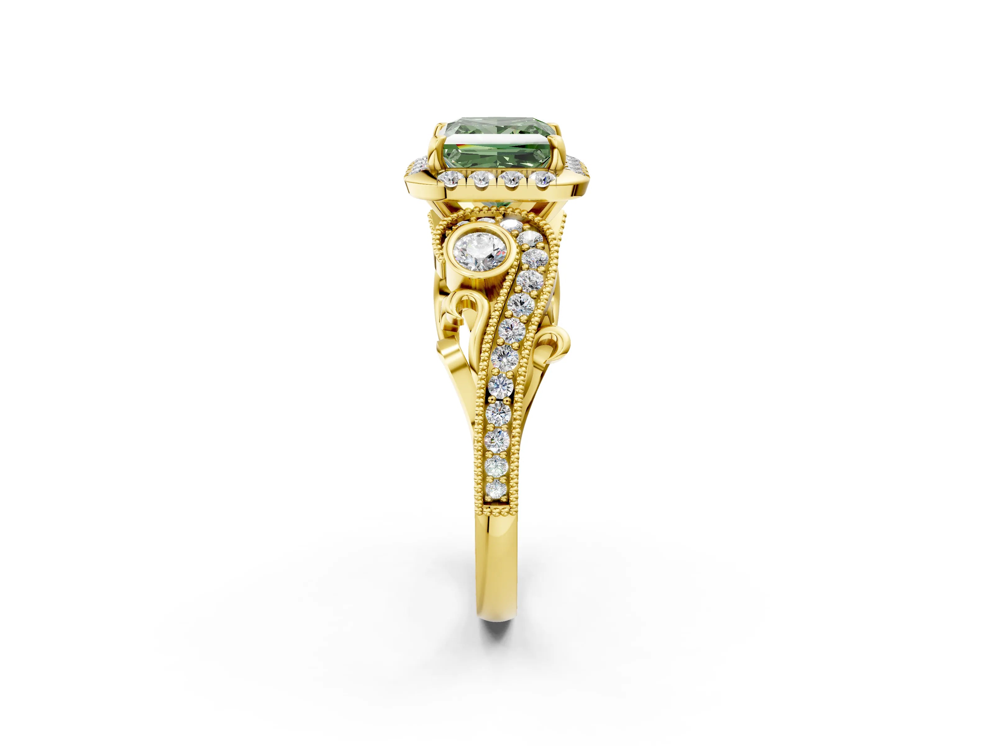 Yellow gold Fancy Green Princess Cut Halo Diamond Ring with Milgrain and Bezel Accents on a Split Shank Band_2