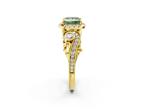 Yellow gold Fancy Green Princess Cut Halo Diamond Ring with Milgrain and Bezel Accents on a Split Shank Band