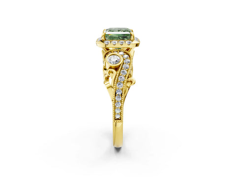 Yellow gold Fancy Green Princess Cut Halo Diamond Ring with Milgrain and Bezel Accents on a Split Shank Band_2