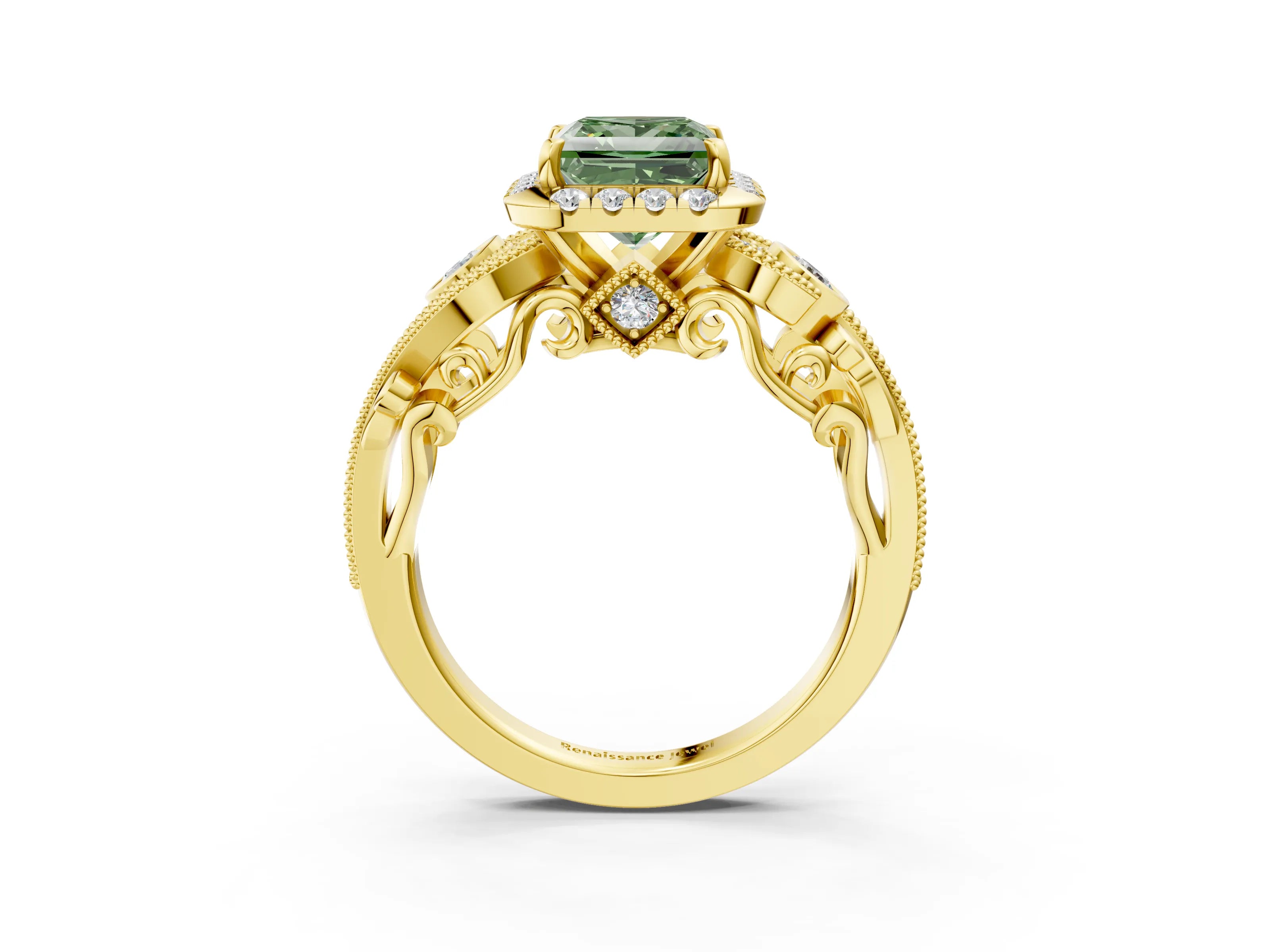 Yellow gold Fancy Green Princess Cut Halo Diamond Ring with Milgrain and Bezel Accents on a Split Shank Band_3