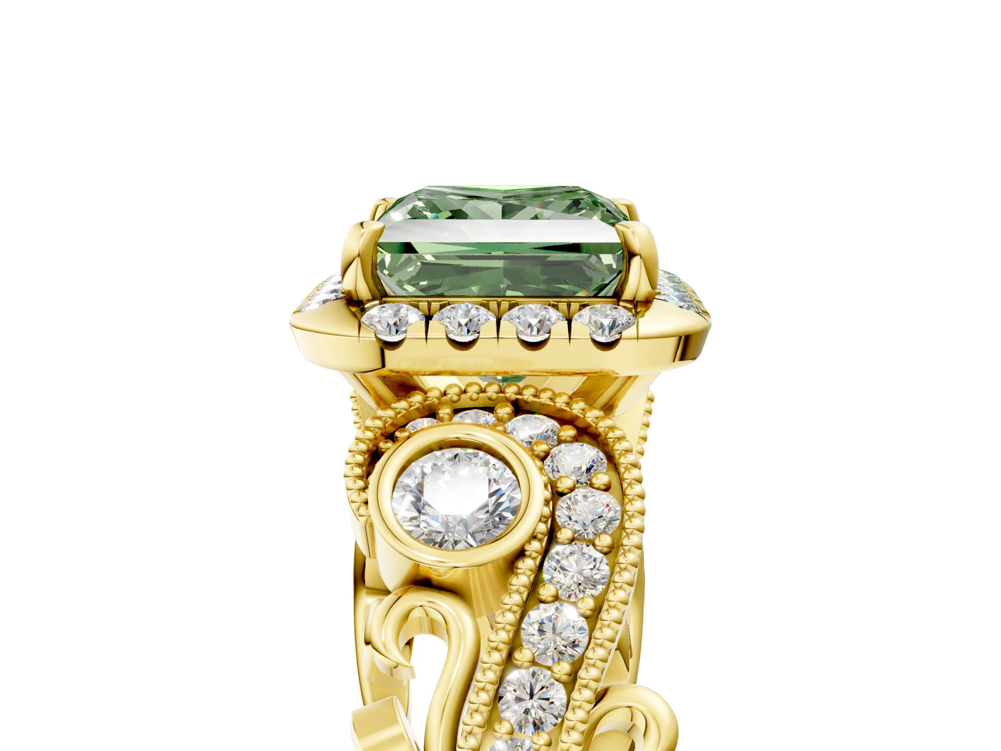 Yellow gold Fancy Green Princess Cut Halo Diamond Ring with Milgrain and Bezel Accents on a Split Shank Band_5