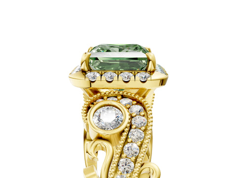 Yellow gold Fancy Green Princess Cut Halo Diamond Ring with Milgrain and Bezel Accents on a Split Shank Band_5