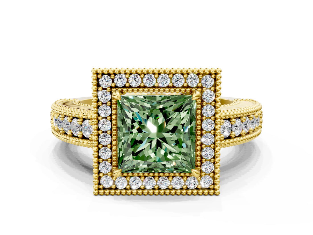 Yellow gold Fancy Green Princess  Cut Halo Diamond Ring with Pavé Band and Four-Prong Setting_24