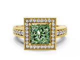 Yellow gold Fancy Green Princess  Cut Halo Diamond Ring with Pavé Band and Four-Prong Setting_24