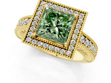 Yellow gold Fancy Green Princess  Cut Halo Diamond Ring with Pavé Band and Four-Prong Setting_25