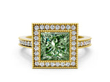 Yellow gold Fancy Green Princess  Cut Halo Diamond Ring with Pavé Band and Milgrain Prong Setting_32