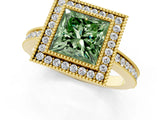 Yellow gold Fancy Green Princess  Cut Halo Diamond Ring with Pavé Band and Milgrain Prong Setting_33