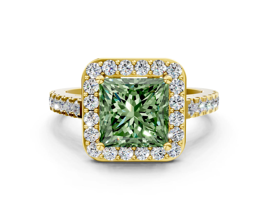 Yellow gold Fancy Green Princess Cut Halo Diamond Ring with Pavé Band and Three-Prong Setting