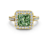 Yellow gold Fancy Green Princess Cut Halo Diamond Ring with Pavé Band and Three-Prong Setting