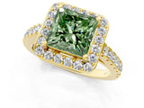 Yellow gold Fancy Green Princess Cut Halo Diamond Ring with Pavé Band and Three-Prong Setting_1