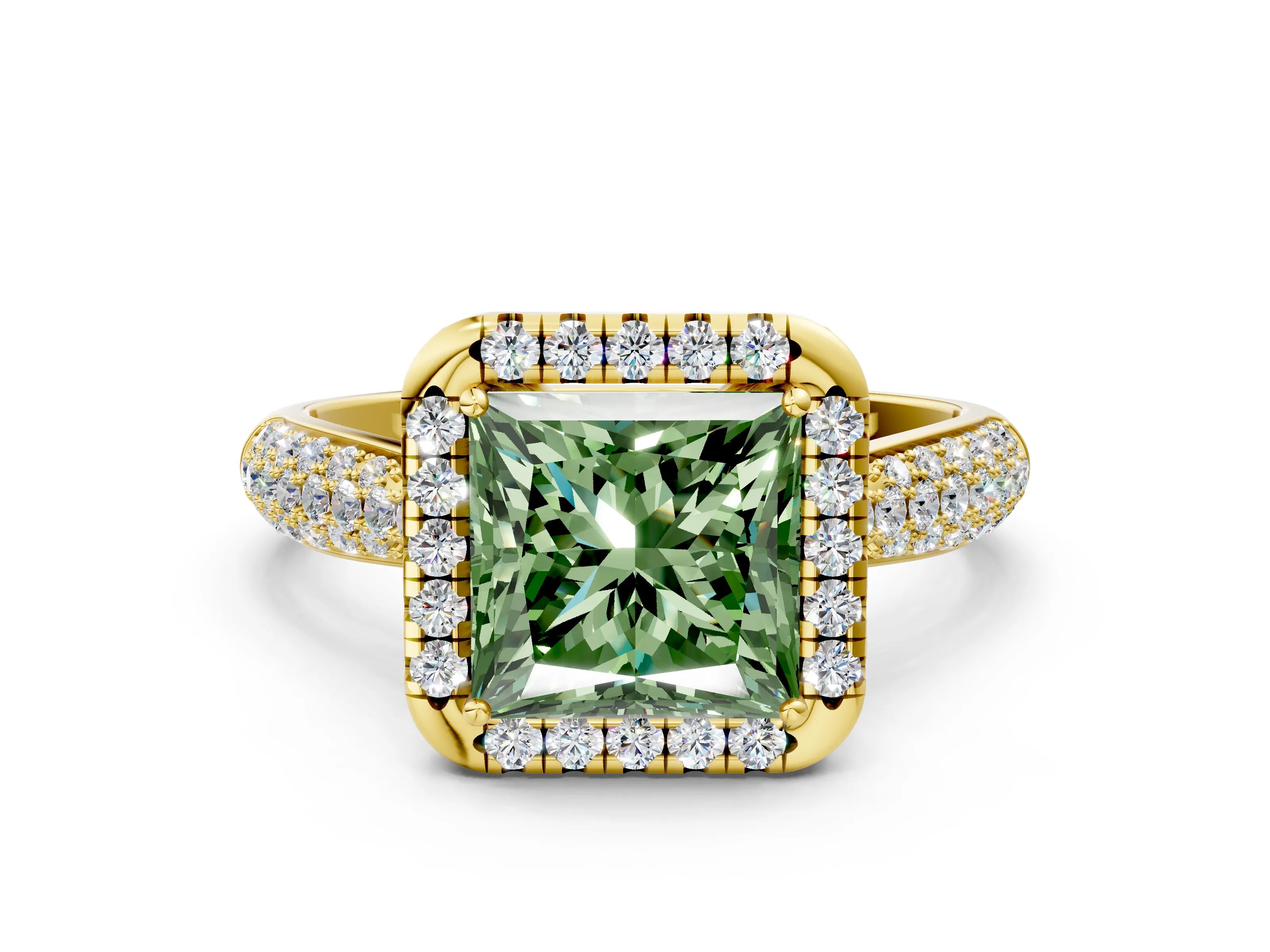 Yellow gold Fancy Green Princess Cut Halo Diamond Ring with Pavé Band
