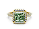 Yellow gold Fancy Green Princess Cut Halo Diamond Ring with Pavé Band