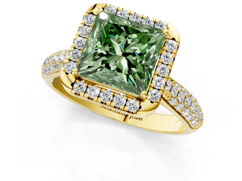 Yellow gold Fancy Green Princess Cut Halo Diamond Ring with Pavé Band_1