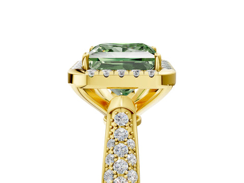 Yellow gold Fancy Green Princess Cut Halo Diamond Ring with Pavé Band_5