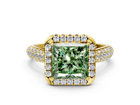 Yellow gold Fancy Green Princess Cut Halo Diamond Ring with Pavé Band