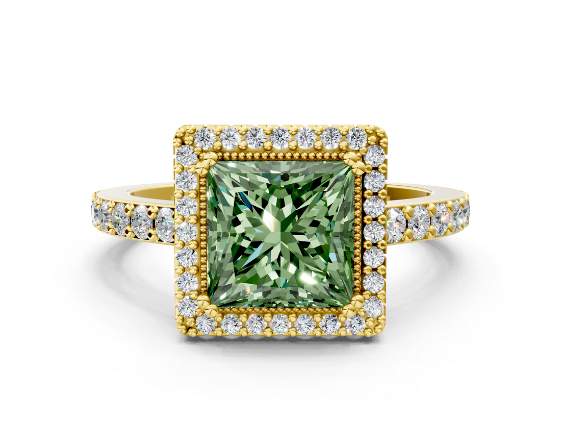 Yellow gold Fancy Green Princess  Cut Halo Diamond Ring with Pave Band and Four-Prong Setting