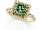 Yellow gold Fancy Green Princess  Cut Halo Diamond Ring with Pave Band and Four-Prong Setting_1