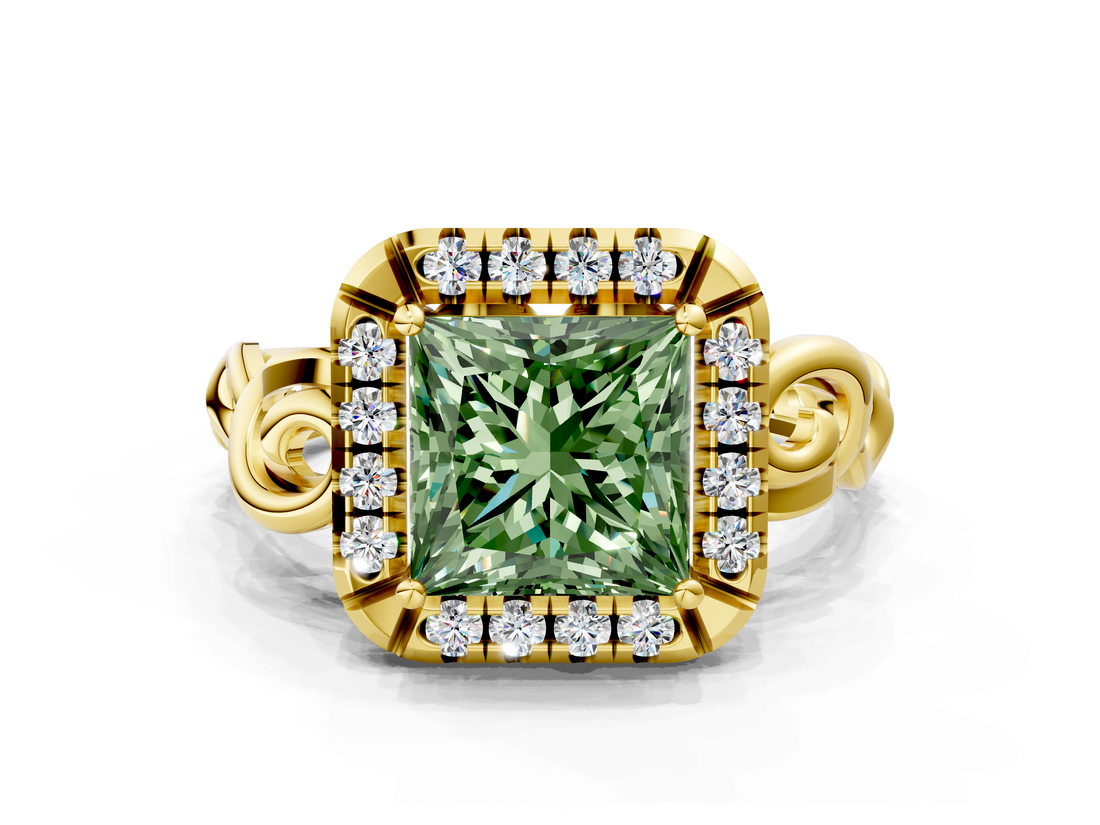 Yellow gold Fancy Green Princess  Cut Halo Diamond Ring with Scrollwork Band and Four-Prong Setting