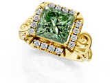 Yellow gold Fancy Green Princess  Cut Halo Diamond Ring with Scrollwork Band and Four-Prong Setting_1