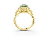 Yellow gold Fancy Green Princess  Cut Halo Diamond Ring with Scrollwork Band and Four-Prong Setting_3