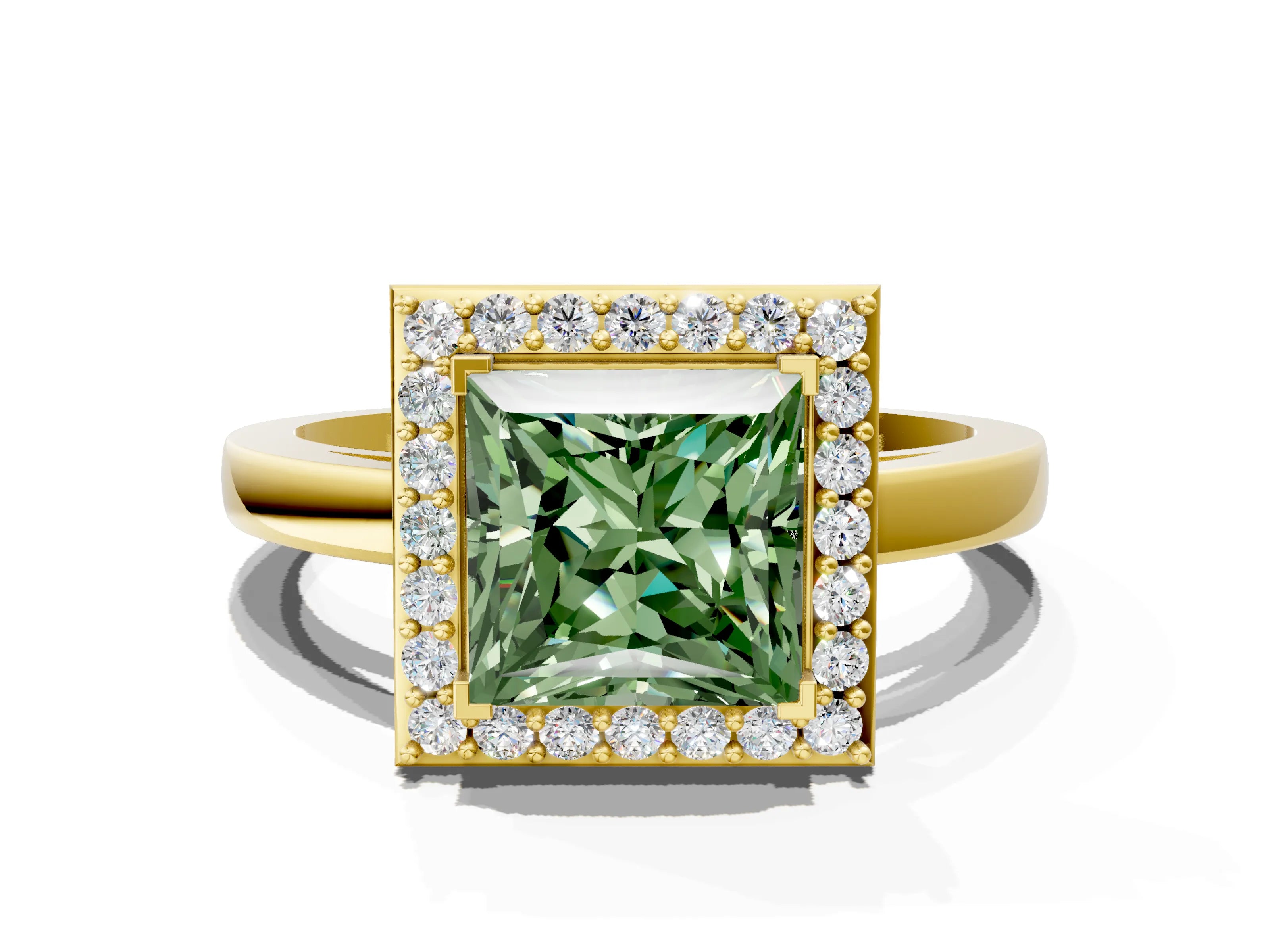 Yellow gold Fancy Green Princess Cut Halo Diamond Ring with Solitaire Band and Prong Setting