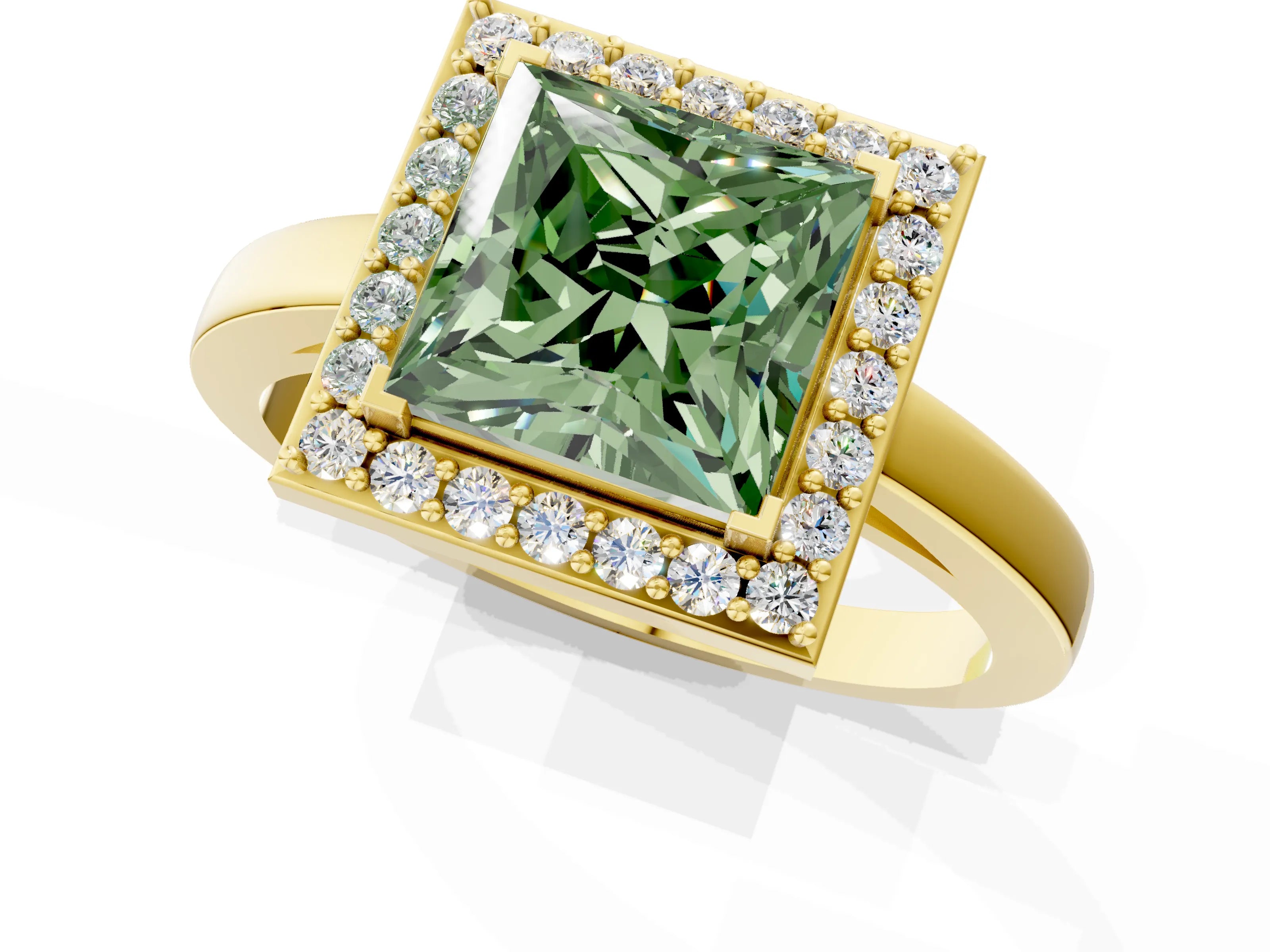 Yellow gold Fancy Green Princess Cut Halo Diamond Ring with Solitaire Band and Prong Setting_1