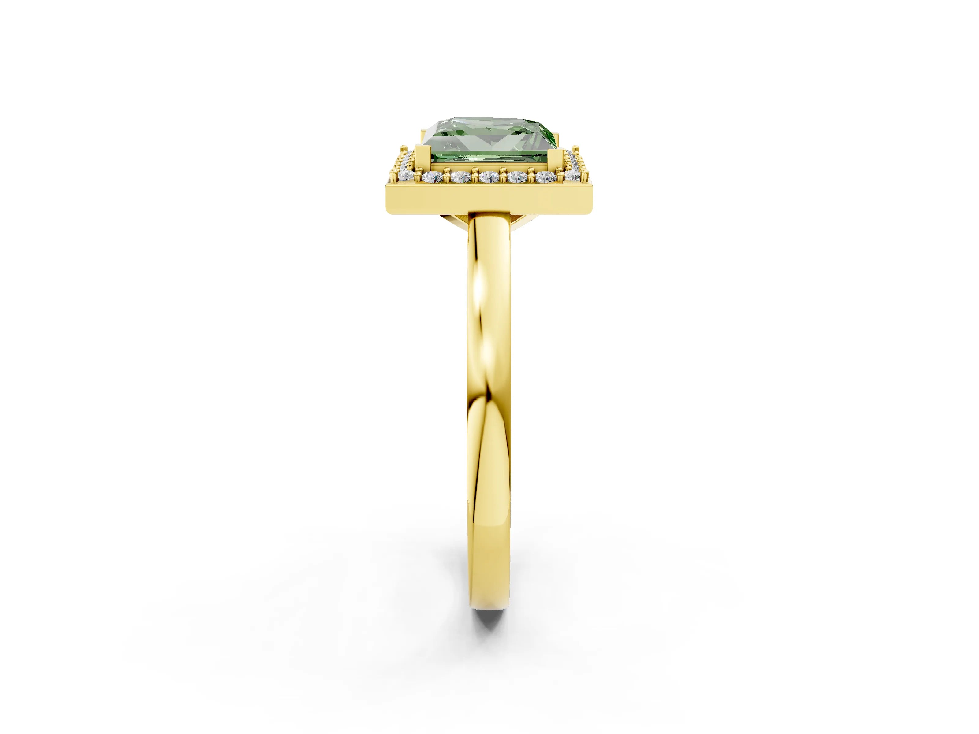 Yellow gold Fancy Green Princess Cut Halo Diamond Ring with Solitaire Band and Prong Setting_2