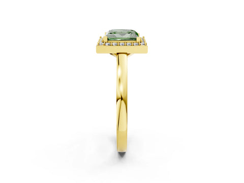 Yellow gold Fancy Green Princess Cut Halo Diamond Ring with Solitaire Band and Prong Setting_2