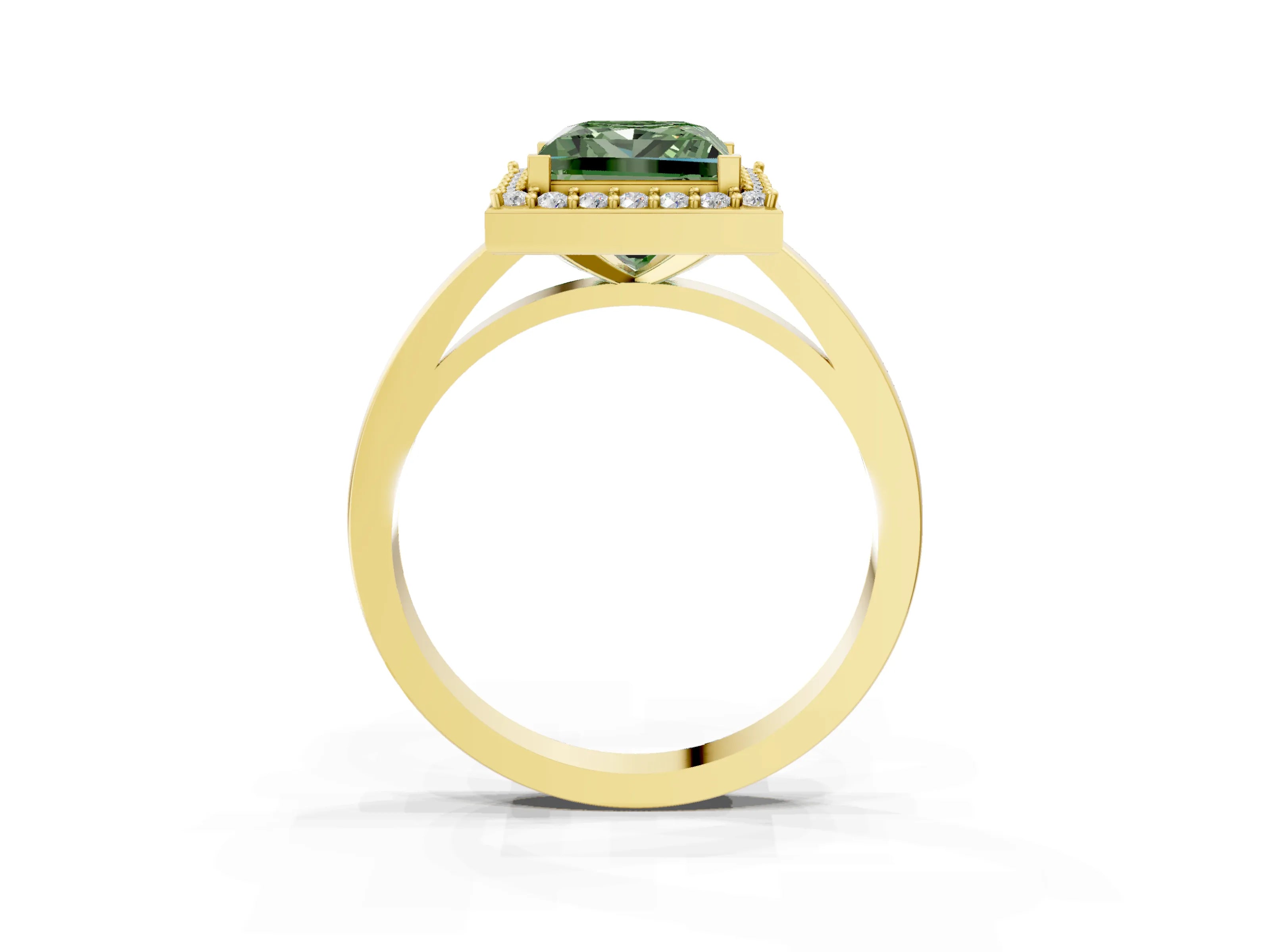Yellow gold Fancy Green Princess Cut Halo Diamond Ring with Solitaire Band and Prong Setting_3