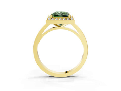 Yellow gold Fancy Green Princess Cut Halo Diamond Ring with Solitaire Band and Prong Setting_3