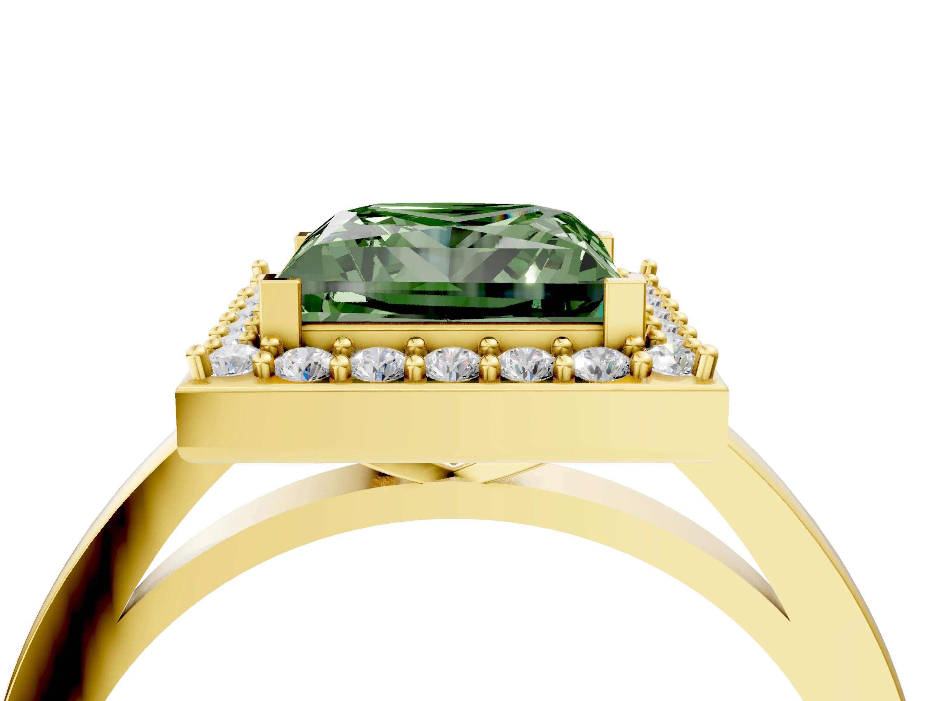 Yellow gold Fancy Green Princess Cut Halo Diamond Ring with Solitaire Band and Prong Setting_4