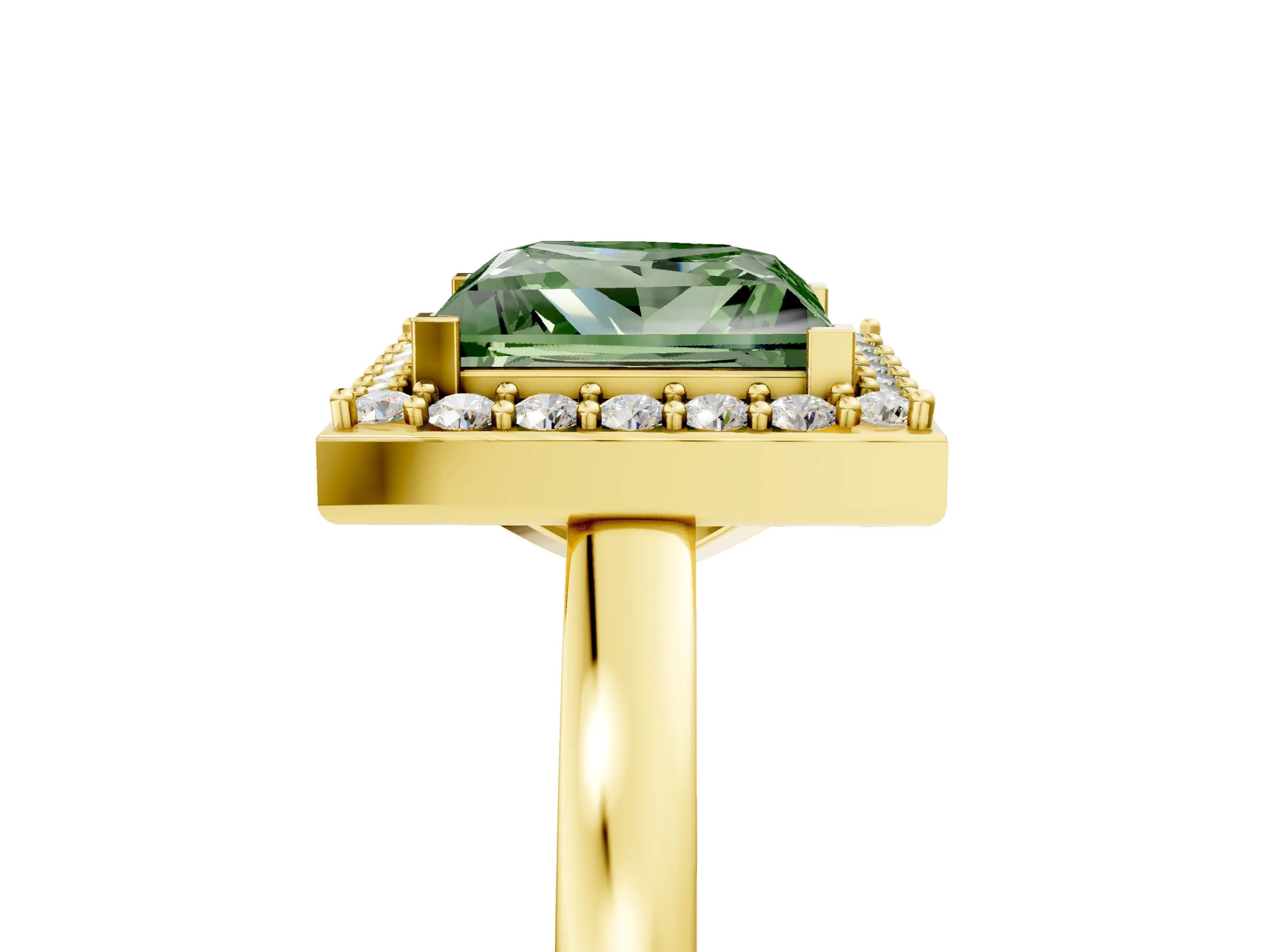 Yellow gold Fancy Green Princess Cut Halo Diamond Ring with Solitaire Band and Prong Setting_5