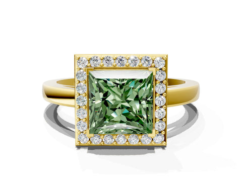 Yellow gold Fancy Green Princess Cut Halo Diamond Ring with Solitaire Band and Prong Setting