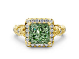Yellow gold Fancy Green Princess Cut Halo Diamond Solitaire with Filigree Band and Four-Prong Setting_12