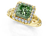 Yellow gold Fancy Green Princess Cut Halo Diamond Solitaire with Filigree Band and Four-Prong Setting_13