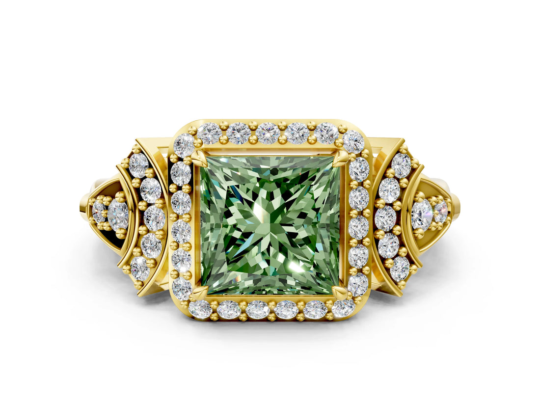 Yellow gold Fancy Green Princess Cut Halo Diamond Split Shank Engagement Ring with Four-Prong Setting