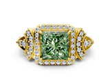 Yellow gold Fancy Green Princess Cut Halo Diamond Split Shank Engagement Ring with Four-Prong Setting