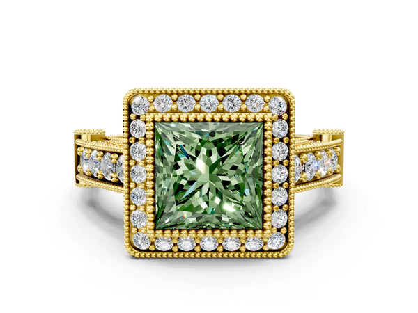 Yellow Gold Princess Cut Vintage Bezel Halo Engagement Ring Setting for Fancy Green Center