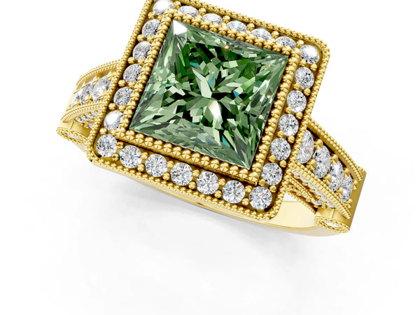 Yellow Gold Princess Cut Vintage Bezel Halo Engagement Ring Setting for Fancy Green Center