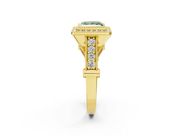 Yellow Gold Princess Cut Vintage Bezel Halo Engagement Ring Setting for Fancy Green Center