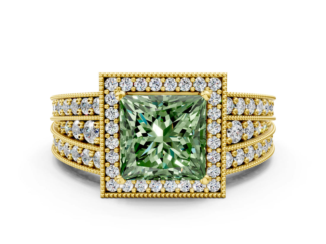Yellow gold Fancy Green Princess Cut Halo Diamond Split Shank Ring with Prong Setting